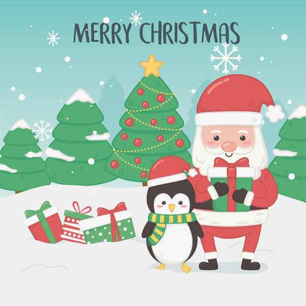 merry merry christmas card with santa claus and penguin