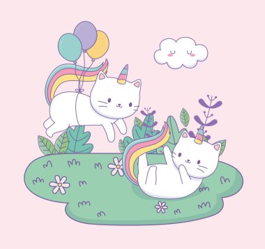 cute cats with rainbow tail and balloons helium kawaii characters clipart