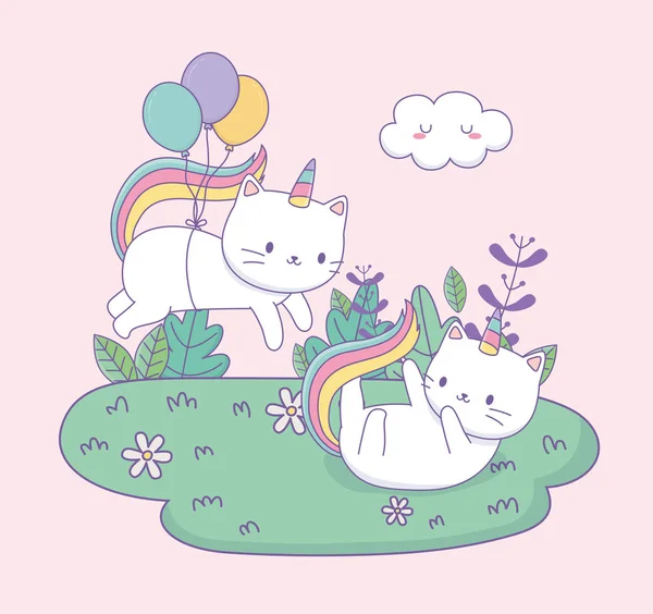 可愛い猫たち虹色の尾と風船ヘリウムカワイイキャラクター — ストックベクタ