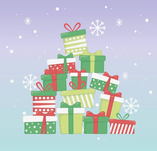 Vrolijke kerstkaart met geschenkdozen — Stockvector
