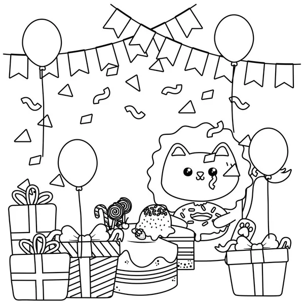 Kawaii leeuw met gelukkige verjaardag taart ontwerp — Stockvector