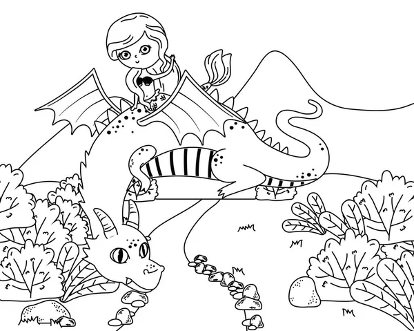 Sereia e dragão de desenho de conto de fadas ilustração vetorial — Vetor de Stock