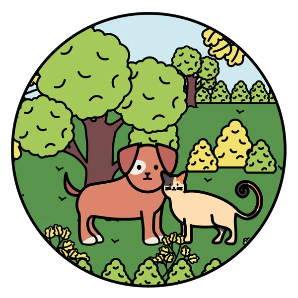 Cute cat and dog mascots in the landscape — Stockvector