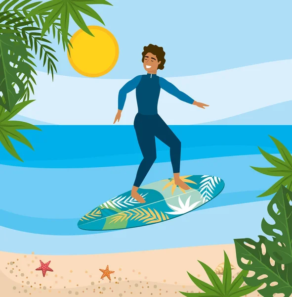 Man wearing swimsuit and surfing in the surfboard with leaves plants — Stock Vector