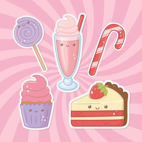Delicious and sweet products kawaii characters — Stockvektor