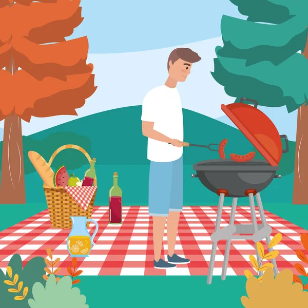 Man with grilled and sausages in the tablecloth with food — Stockvector