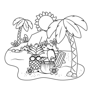 Yaz ve plaj sevimli karikatürler siyah beyaz