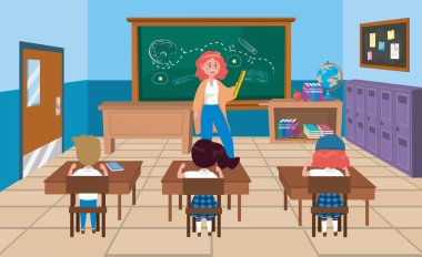 woman teacher with girls and boy students with books