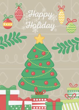 decorative tree with balls star gifts branches celebration happy holiday poster