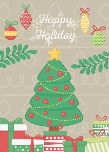 Decorative tree with balls star gifts branches celebration happy holiday poster — 스톡 벡터