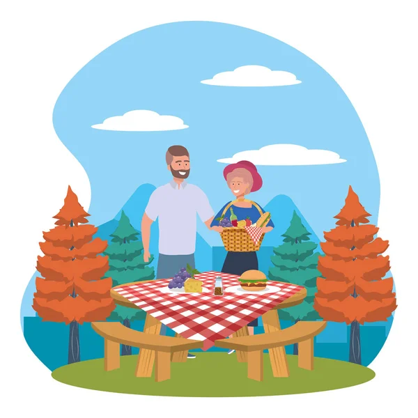 Çift kadın ve adam piknik tasarımı — Stok Vektör