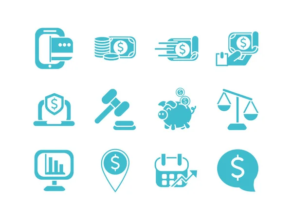 Geld business finance pictogrammen set kleur silhouet — Stockvector