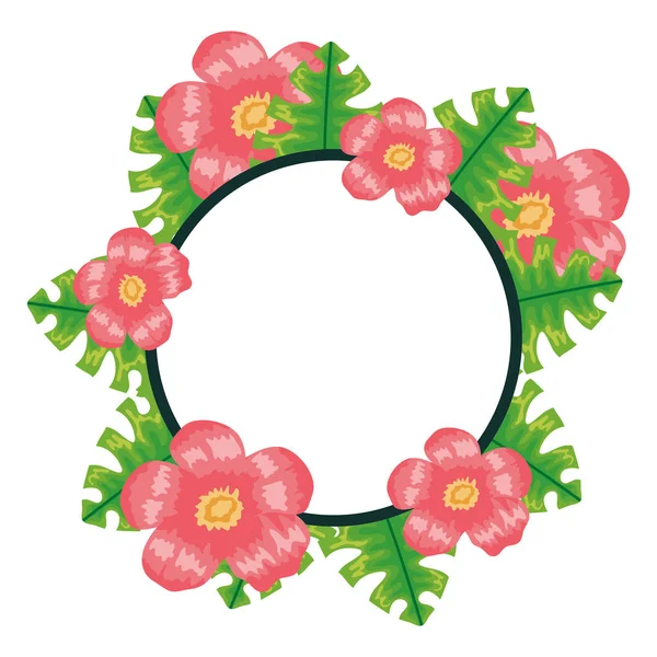 Exotic and tropical flowers with leafs circular frame — Archivo Imágenes Vectoriales