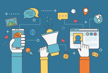 hands with speaker smartphone and website chat world email network social media