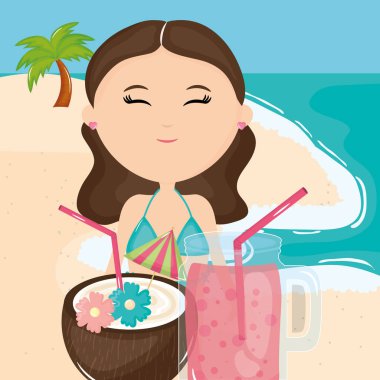 beautiful woman with swimsuit and cocktail on the beach