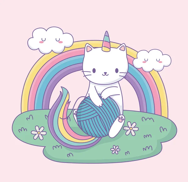 Cute cat with rainbow tail and wool ball kawaii character — Image vectorielle