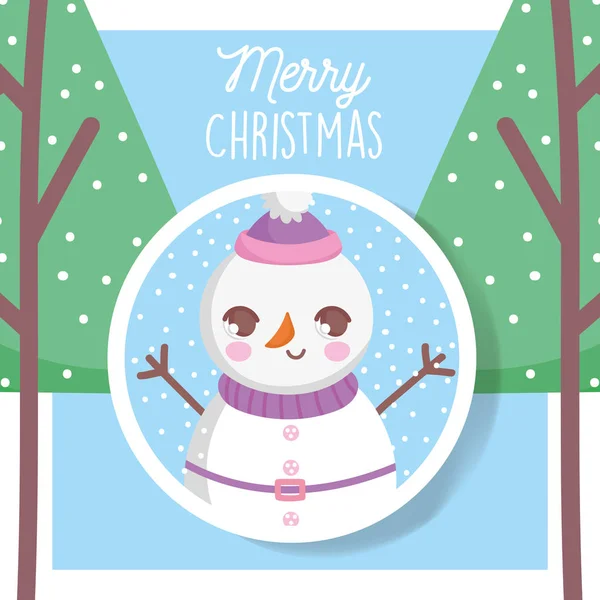 Snowman with hat trees snow merry christmas tag — Stockový vektor