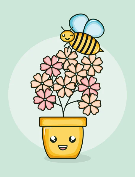 Garden flowers plant in pot with bee flying kawaii style — Image vectorielle