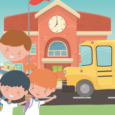 School building bus and kids design