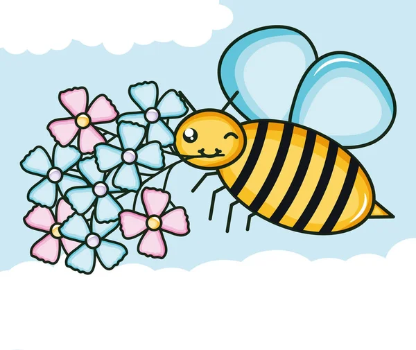 Jardín de flores con poco carácter kawaii volador de abejas — Vector de stock