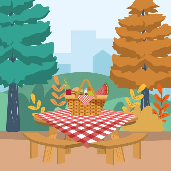 Cesta de picnic en diseño forestal — Vector de stock