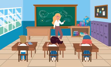 Masasında kız ve erkek öğrencileri olan kadın öğretmen.