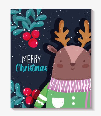reindeer with sweater and holly berry merry christmas cards