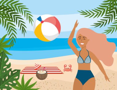 woman play with beach ball and coconut beverage with towel