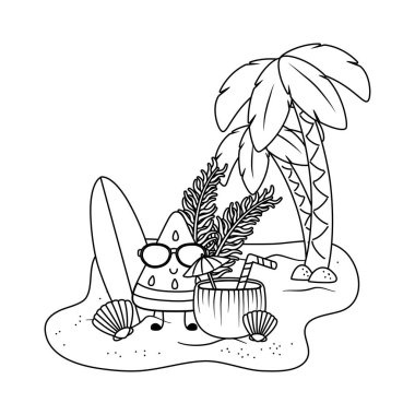 Yaz ve plaj sevimli karikatürler siyah beyaz