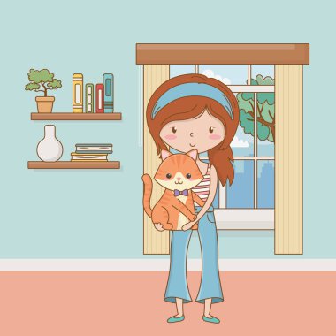 Kedi karikatür tasarımı ile kız