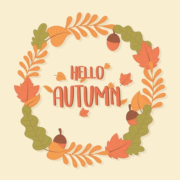 Hello autumn season leafs circular frame — Vetor de Stock