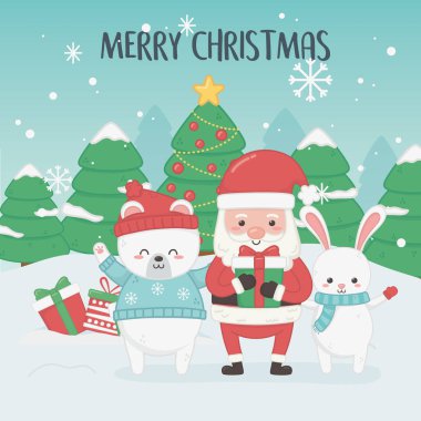 happy merry christmas card with santa claus and animals