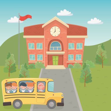 school building and bus with kids in the landscape scene