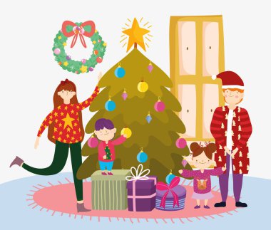 parents and kids with tree gifts merry christmas, happy new year