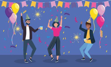 men and woman dancing with party banner