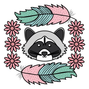 Tüyleri ve çiçek desenli bohem tarzı sevimli bir rakun.