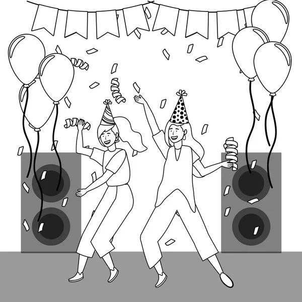 Women with party hat dancing design — Stockvector