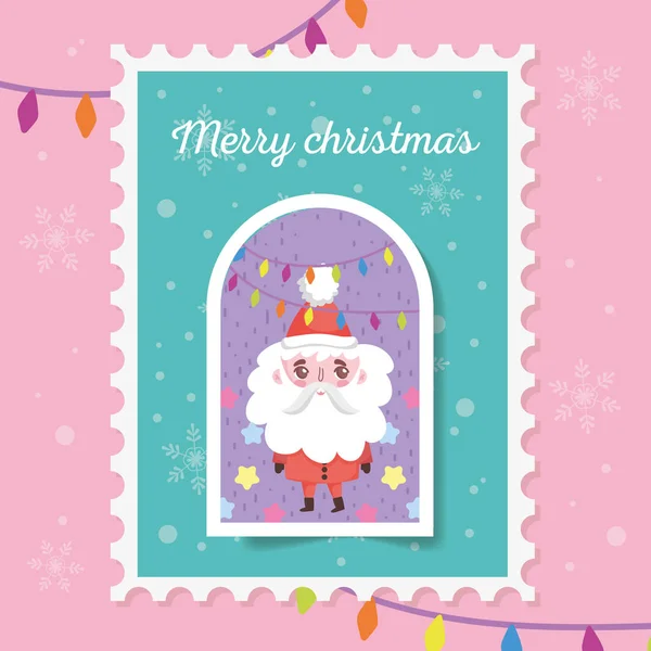 Santa with lights star snowflakes merry christmas stamp — Vector de stock