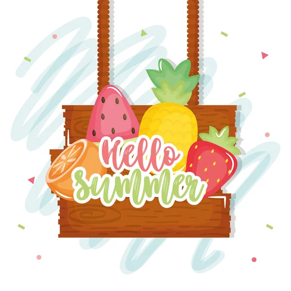 Hello summer poster with wooden label and icons — Image vectorielle