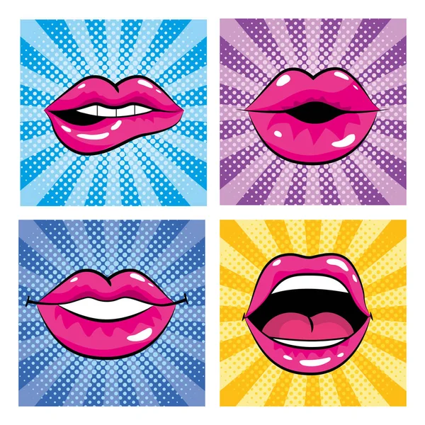 Definir pop arte boca com dentes e língua — Vetor de Stock