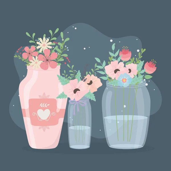 Cam vazolar ve seramik çiçek süslemeleri. — Stok Vektör