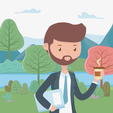 Park tasarımında kahve fincanı olan bir adam çizgi filmi.