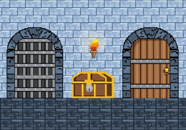Arcade oyun dünya ve piksel sahne tasarım vektör illüstrasyon