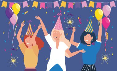 Parti afişi ve balonları olan hoş kadınlar.