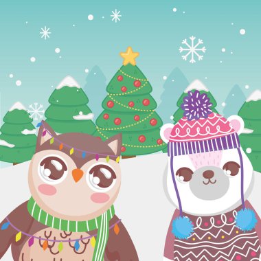 cute polar bear and owl trees snow merry christmas