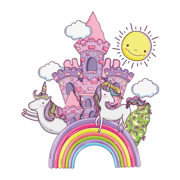 虹とユニコーンと美しいおとぎ話の城 — ストックベクタ