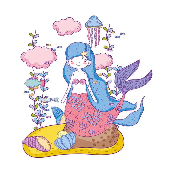 Mignonne sirène sous la mer avec algues — Image vectorielle