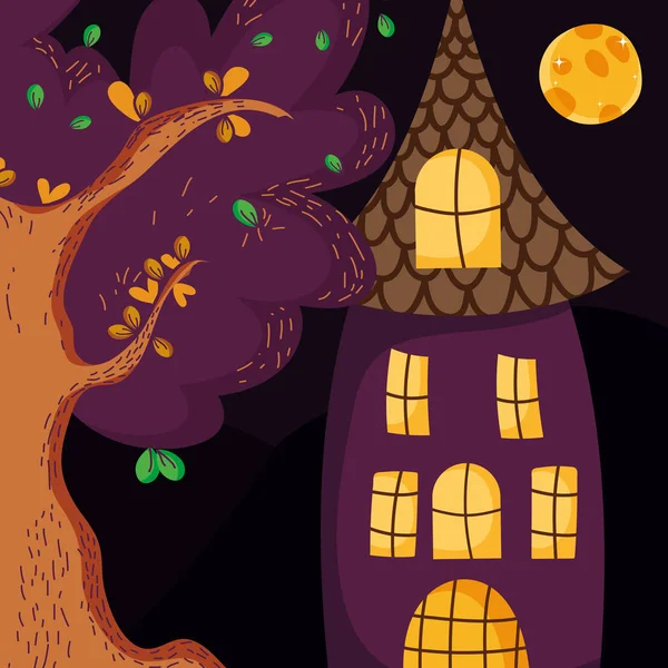 Casa de árbol noche luna de medianoche de descanso — Vector de stock