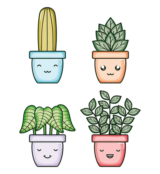 Casa plantas y cactus kawaii personajes cómicos. — Archivo Imágenes Vectoriales