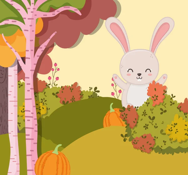 Sorrindo coelho com abóbora floresta Olá outono —  Vetores de Stock